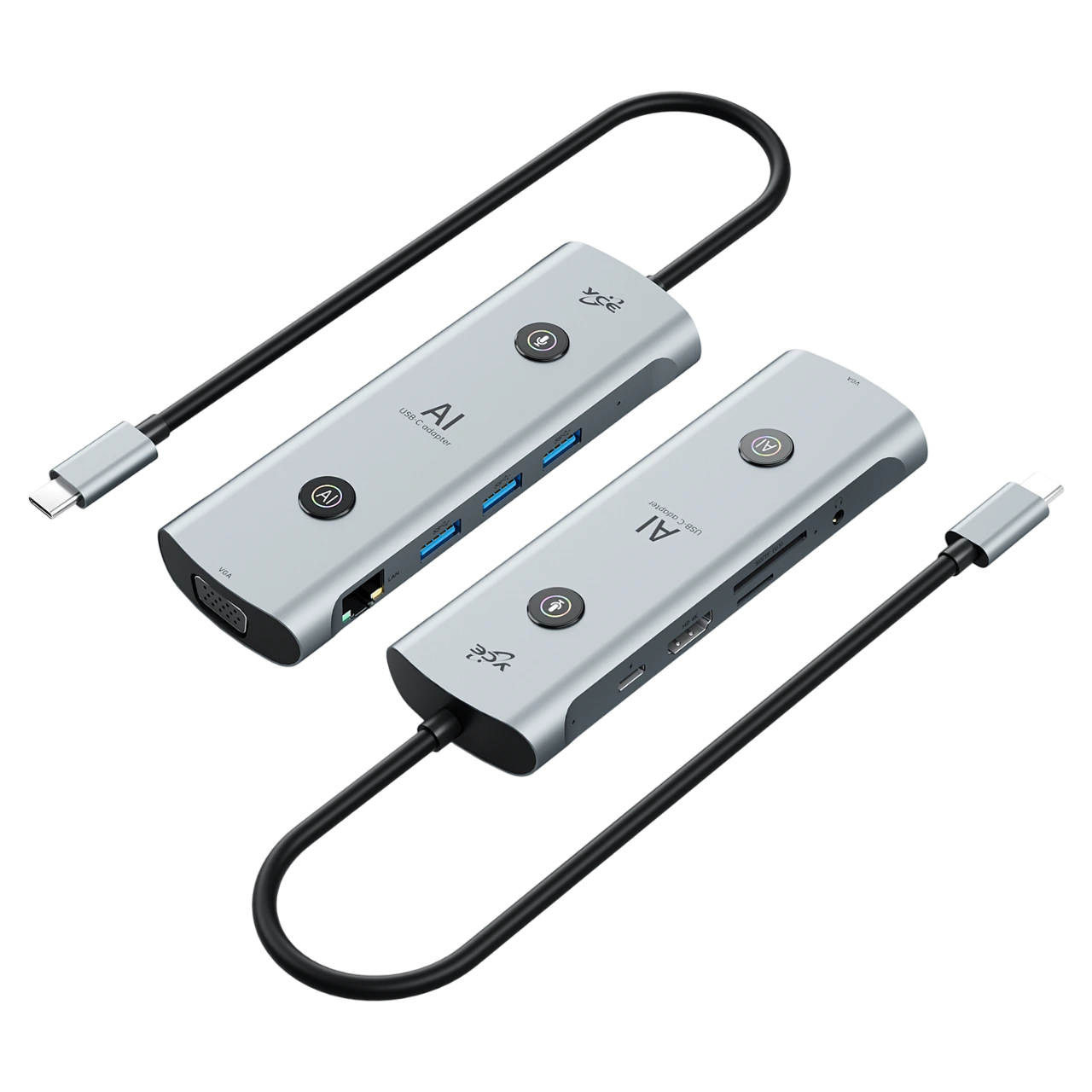 GCV172F 12-in-1 AI USB-C Hub with Built-in DeepSeek-R1 + GPT 4.0 - Smart Docking Station with Voice Translation, PPT Generation, HDMI, VGA, Ethernet, 3 USB 3.0 Ports, SD/TF Card Reader